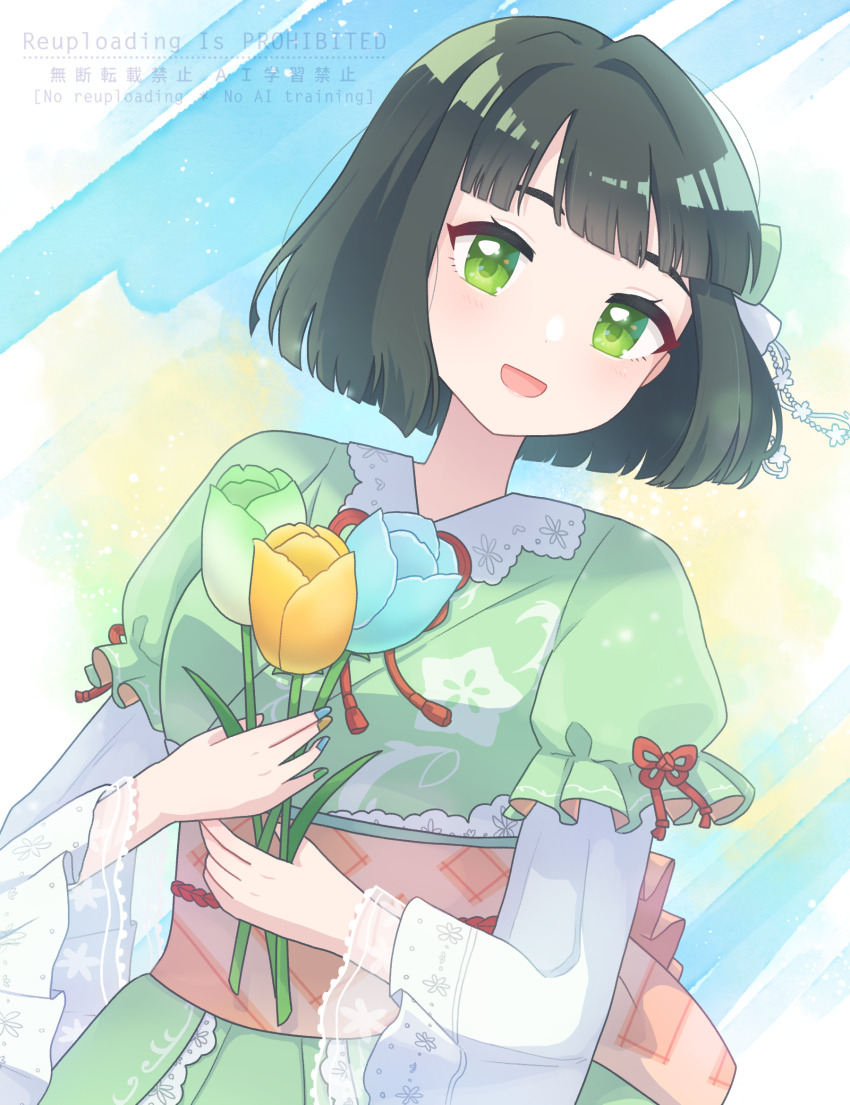 1girl, :d, aoku_haruka, blue_background, blue_flower, blue_tulip, blunt_bangs, blunt_ends