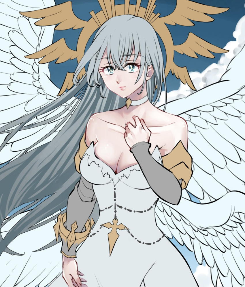 1girl, armlet, blue_eyes, blue_sky, breasts, cleavage, cloud, dress, elizabeth_liones, feathered_wings, grey_hair, highres, jewelry, long_hair, looking_at_viewer, low_wings, mononono_1224, multiple_wings, nanatsu_no_taizai, necklace, sky, solo, symbol_in_eye, white_dress, white_wings, wings