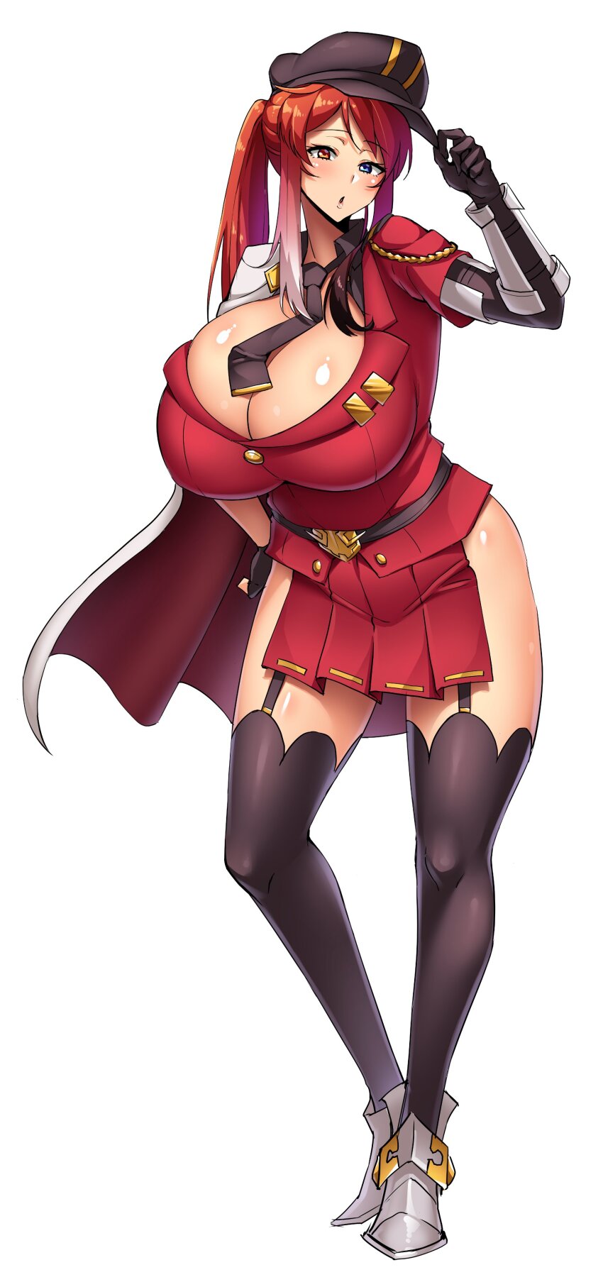 1girl, absurdres, armored_shoes, asymmetrical_gloves, bare_hips, breasts, cleavage, cleavage_cutout