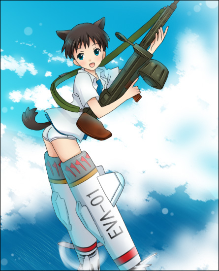 1boy, animal_ears, ass, bad_id, bad_pixiv_id, black_hair, blue_eyes, cloud, crossdressing, crossdressing_(mtf), crossover, day, drum_magazine, eva_01, flying, gun, holding, holding_gun, holding_weapon, ikari_shinji, looking_at_viewer, machine_gun, magazine_(weapon), mecha_musume, neon_genesis_evangelion, open_clothes, open_shirt, panties, parody, shirt, short_hair, strike_witches, striker_unit, swimsuit, tail, trap, trigger_discipline, underwear, weapon, world_witches_series, yagisu