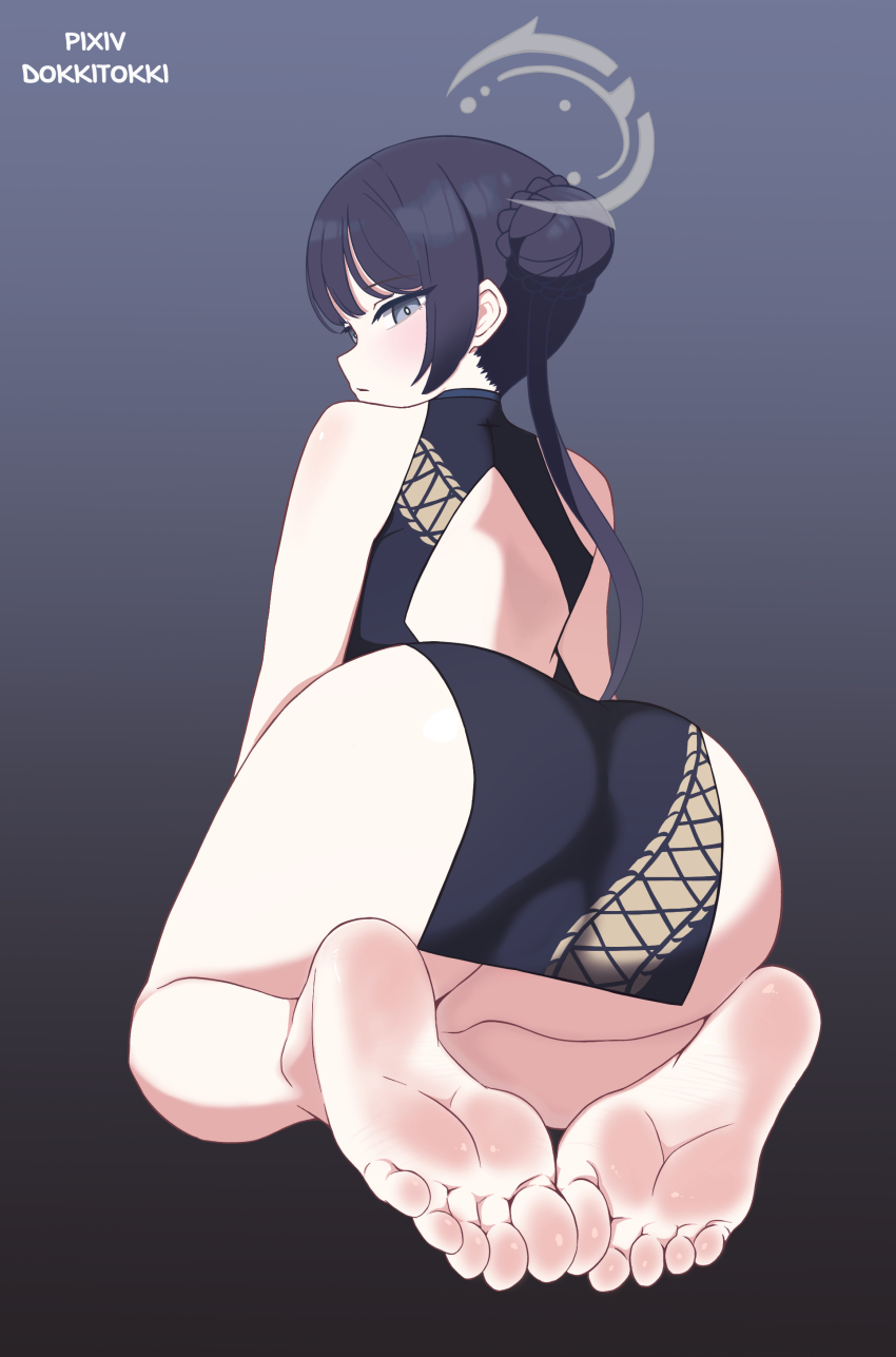 1girl, absurdres, ass, barefoot, black_hair, blue_archive, china_dress, chinese_clothes, dokkitokki, double_bun, dress, feet, grey_eyes, hair_bun, highres, kisaki_(blue_archive), long_hair, looking_at_viewer, looking_back, seiza, sitting, soles, toes