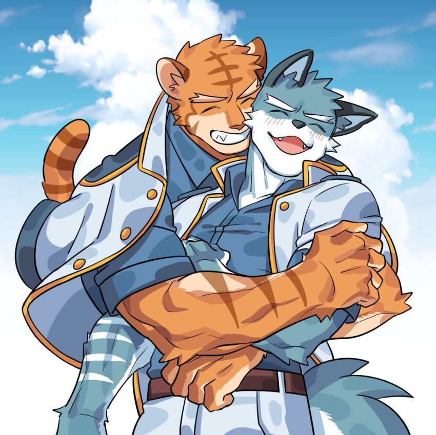 2boys, animal_ears, argo_northrop_(knights_college), blue_sky, cloud, furry, furry_male, grantly_bell, hug, hug_from_behind, knights_college, male_focus, multiple_boys, non-web_source, sky, smile, tiger_boy, vest, wolf_boy, znjzk_fzoa