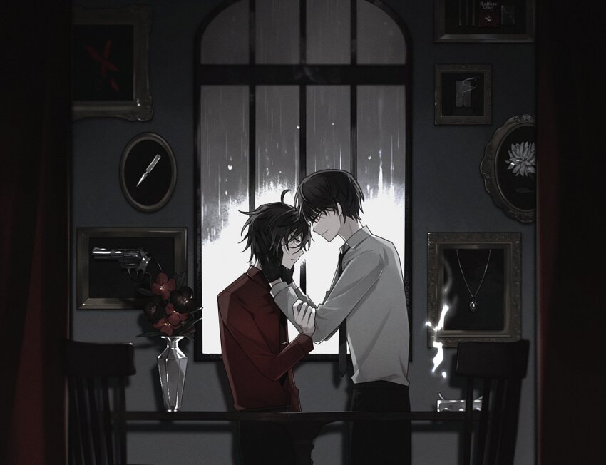 2boys, ahoge, black_gloves, black_pants, collarbone, crying, crying_with_eyes_open, facing_another