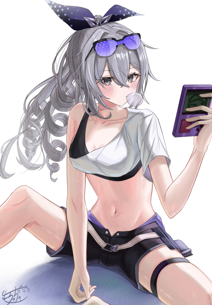 1girl, black_ribbon, black_shorts, black_sports_bra, blowing_bubble_gum, blowing_bubbles, breasts, chewing_gum, crop_top, drill_hair, eyewear_on_head, grey_eyes, grey_hair, hair_ribbon, hand_up, highres, holding, honkai:_star_rail, honkai_(series), long_hair, looking_at_viewer, midriff, morocha1130, navel, ribbon, shirt, shorts, silver_wolf_(honkai:_star_rail), simple_background, single-shoulder_shirt, single_bare_shoulder, single_sleeve, sitting, small_breasts, solo, sports_bra, stomach, sunglasses, thigh_strap, white_background, white_shirt