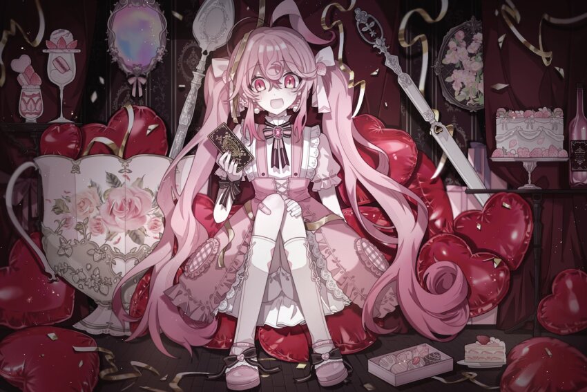 1girl, ahoge, balloon, bow, cake, card, cup, dress, elsword, food, hair_bow, heart_balloon, holding, holding_card, ino_(1hjzuy), knife, laby_(elsword), long_hair, multicolored_dress, multiple_hair_bows, open_mouth, pink_dress, pink_eyes, pink_hair, pink_shoes, radiant_soul_(elsword), shoes, smile, socks, solo, spoon, strawberry_cake, teacup, twintails, white_bow, white_dress, white_socks