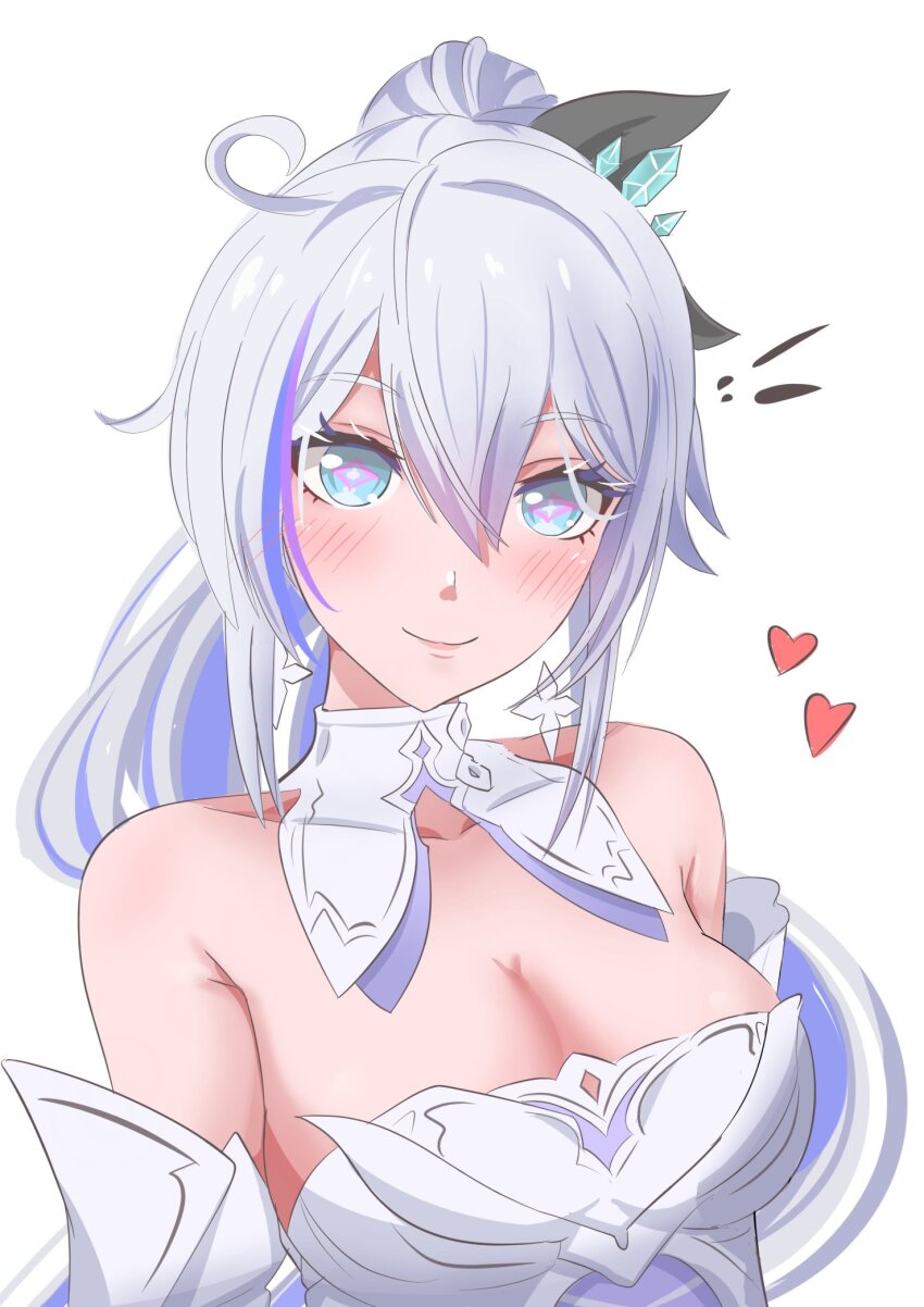 1girl, ahoge, bare_shoulders, black_ribbon, blue_eyes, blue_hair, blush, breasts