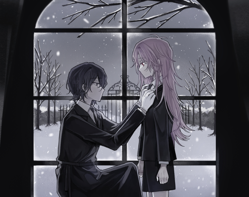 2boys, aged_down, bare_tree, black_eyes, black_necktie, black_pants, black_shorts, black_suit