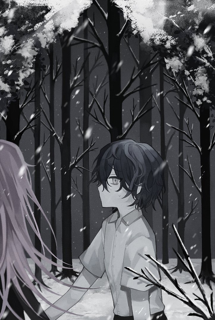 2boys, aged_down, bare_tree, black_hair, black_jacket, black_pants, child, collared_shirt