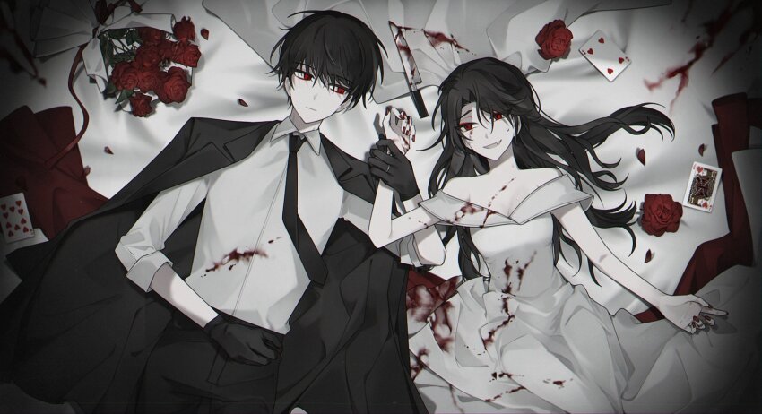 1boy, 1girl, black_gloves, black_hair, black_jacket, black_pants, blood, blood_on_clothes