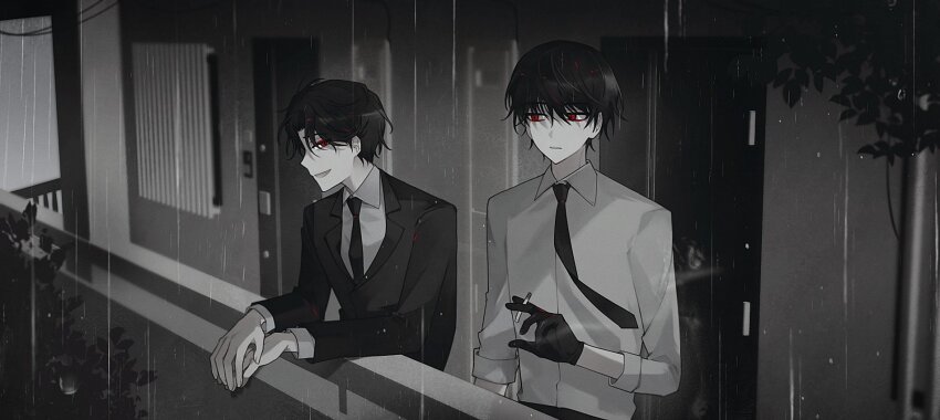 2boys, black_gloves, black_hair, black_pants, black_suit, collared_shirt, eyeshadow, facing_to_the_side