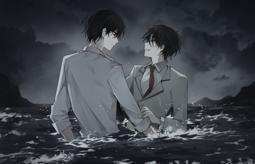 2boys, black_hair, closed_eyes, cloud, cloudy_sky, collared_shirt, eyeshadow, facing_another