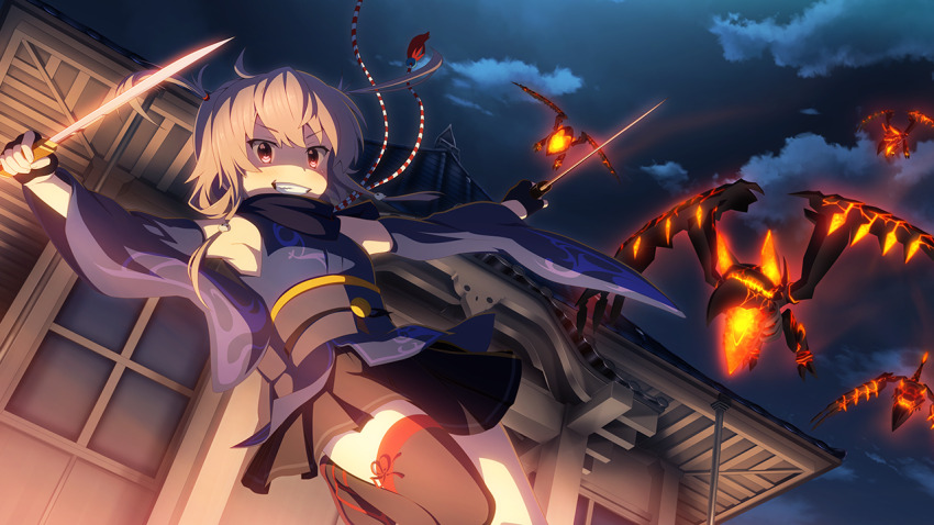 1girl, aradama_(toji_no_miko), black_scarf, black_skirt, black_thighhighs, building, detached_sleeves, dual_wielding