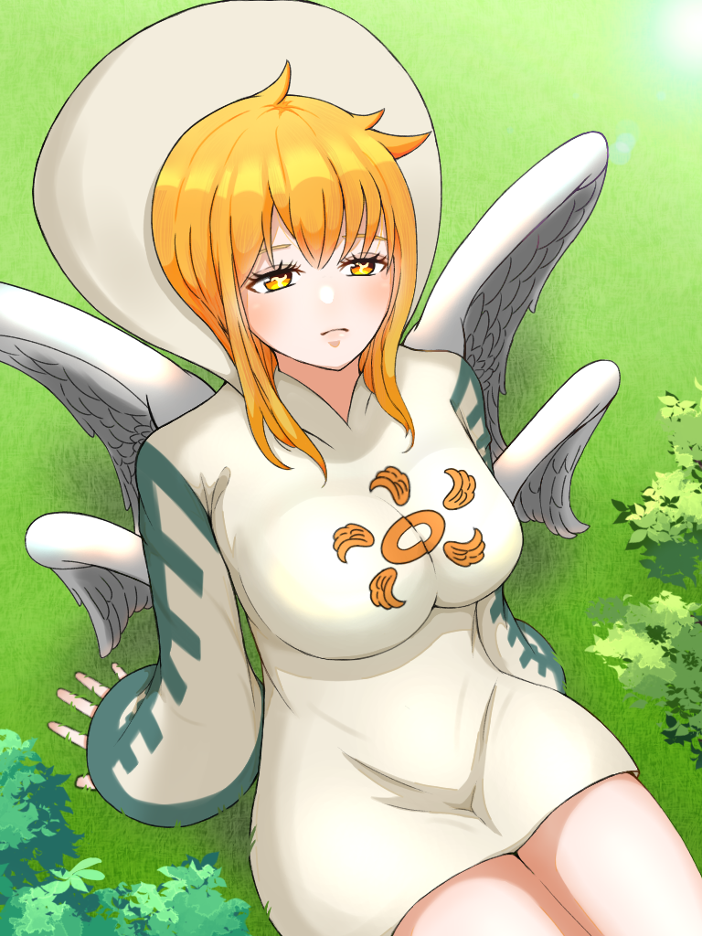1girl, angel_wings, blonde_hair, breasts, dress, feathered_wings, grass, hands_on_ground, low_wings, medium_breasts, multiple_wings, nanatsu_no_taizai, on_ground, possessed, possession, sariel_(nanatsu_no_taizai), sitting, solaseed_(nanatsu_no_taizai), symbol_in_eye, tree, user_pjyd3438, white_dress, wings