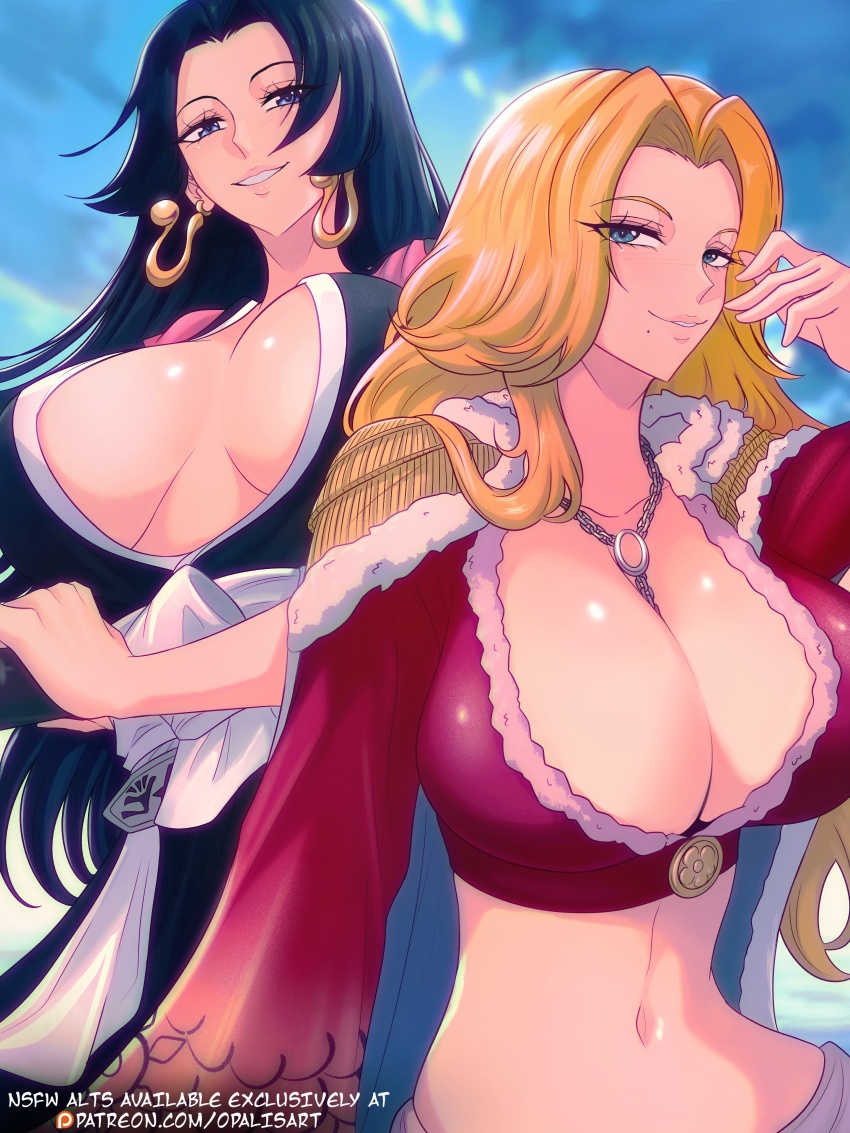 2girls, absurdres, black_hair, bleach, blue_eyes, boa_hancock, boa_hancock_(cosplay), breasts