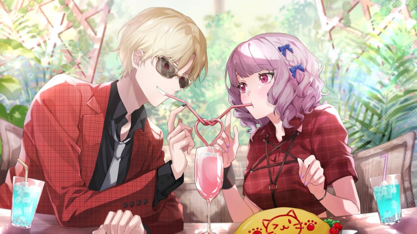 1boy, 1girl, absurdres, akatsuki_sakuya, bendy_straw, blush, breasts, commentary_request