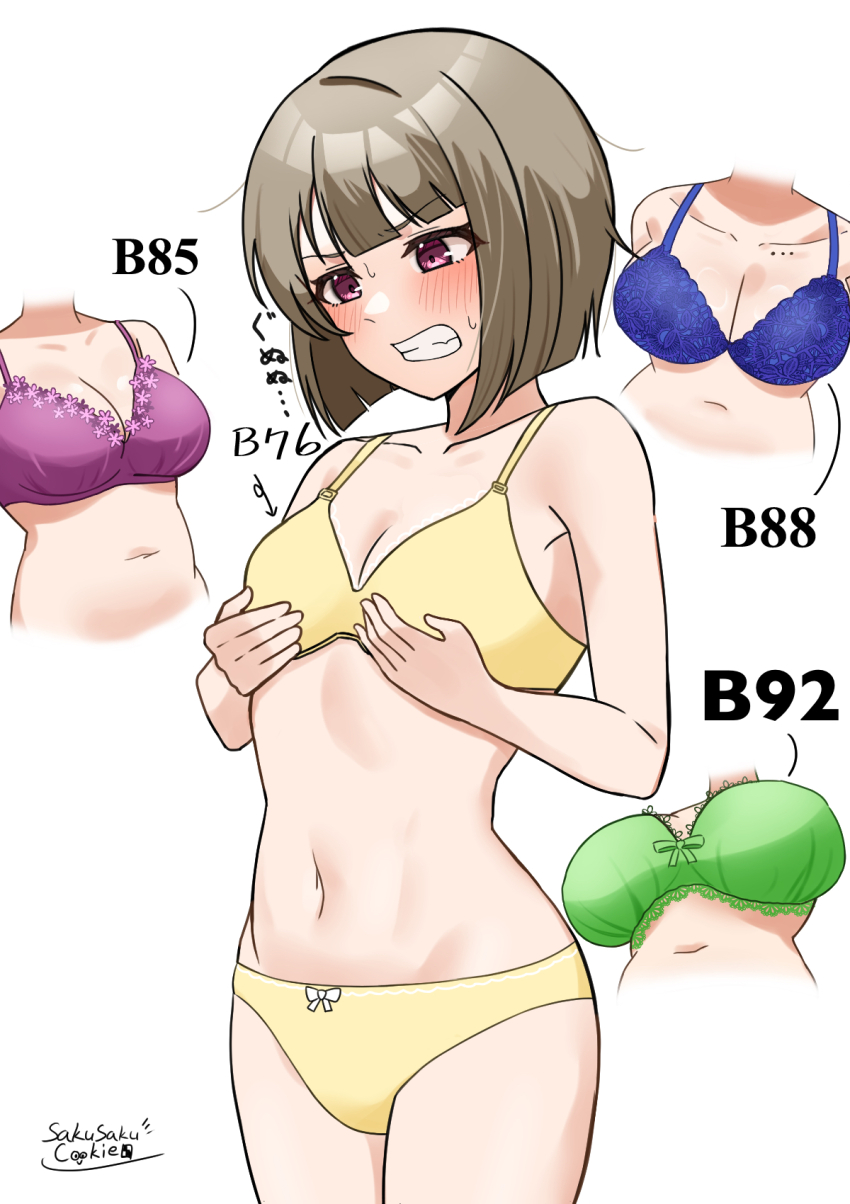 4girls, asaka_karin, blue_bra, blush, bob_cut, bow, bow_panties, bra, breast_envy, breasts, brown_hair, cleavage, clenched_teeth, collarbone, commentary_request, cropped_torso, emma_verde, green_bra, highres, inverted_bob, konoe_kanata, large_breasts, love_live!, love_live!_nijigasaki_high_school_idol_club, mole, mole_on_collarbone, multiple_girls, nakasu_kasumi, navel, panties, purple_bra, sakusaku_cookie, short_hair, signature, simple_background, small_breasts, solo_focus, stomach, sweatdrop, teeth, three_sizes, underwear, underwear_only, v-shaped_eyebrows, white_background, yellow_bra, yellow_panties