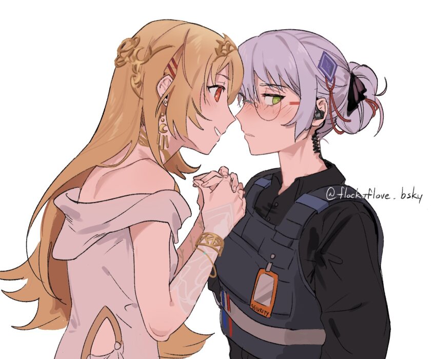2girls, alternate_costume, blonde_hair, blush, bulletproof_vest, dress, flockoflove, glasses, green_eyes, grey_hair, hair_ornament, hair_over_one_eye, hair_over_shoulder, hairclip, heaven_burns_red, highres, holding_hands, izumi_yuki, kayamori_ruka, kayamori_ruka_(luminous_songstress), long_hair, looking_at_another, military_combat_uniform, military_uniform, multiple_girls, off_shoulder, official_alternate_hairstyle, red_eyes, round_eyewear, short_hair, tactical_clothes, white_dress, yuri