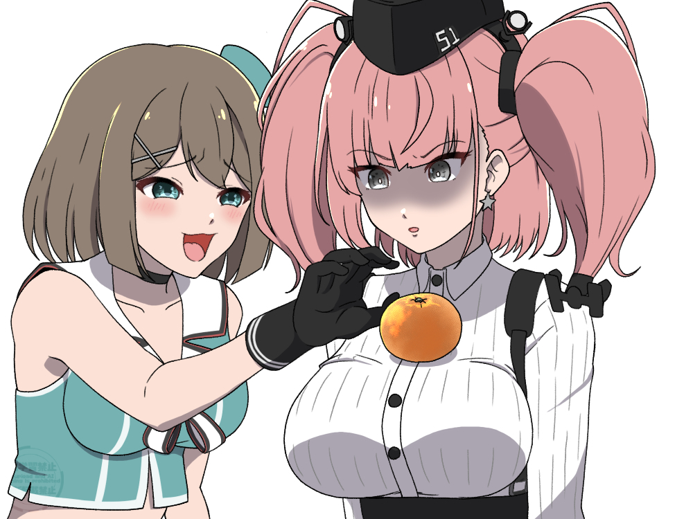 2girls, :3, anchor_hair_ornament, atlanta_(kancolle), black_gloves, brown_hair, collared_shirt, dress_shirt