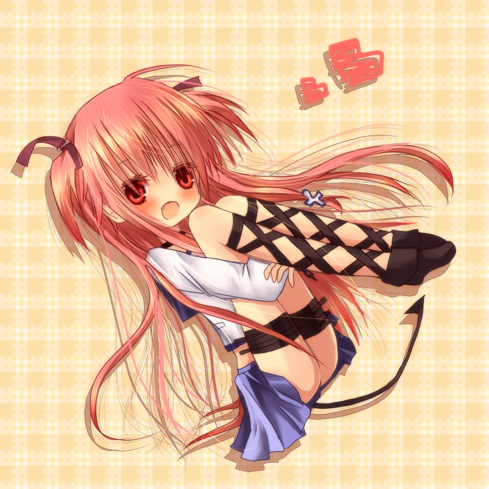 10s, 1girl, angel_beats!, ankle_lace-up, fang, female_focus, hina_(ohinao), long_hair, pink_hair, red_eyes, school_uniform, serafuku, solo, tail, yui_(angel_beats!)