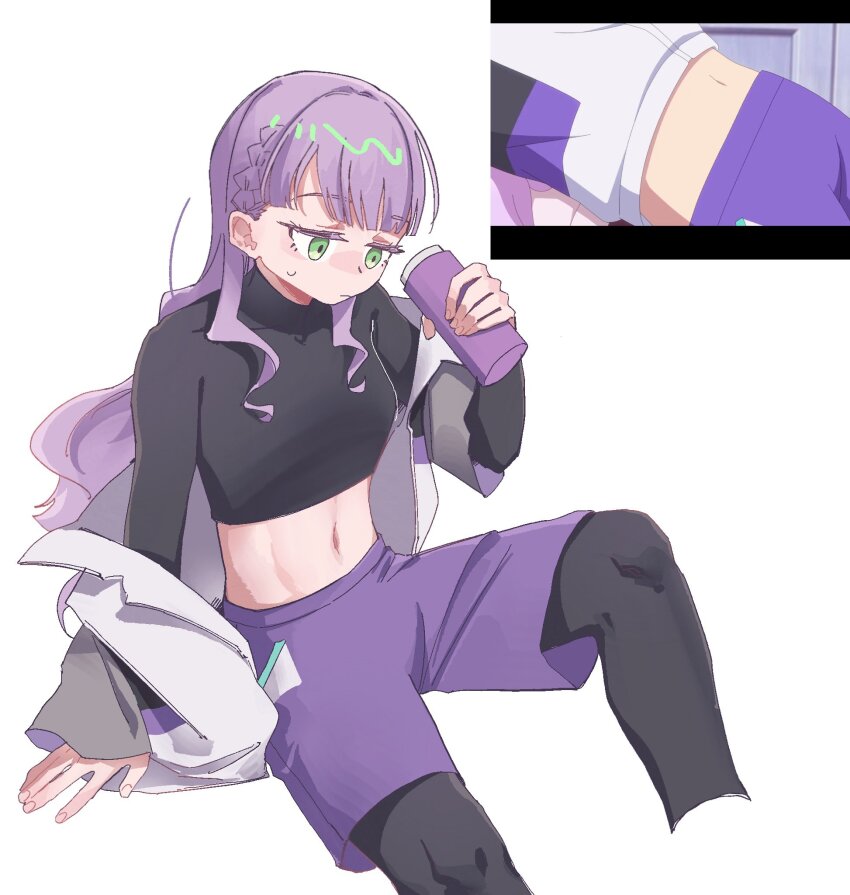 1girl, black_shirt, blunt_bangs, bottle, braid, closed_mouth, cropped_legs, cropped_shirt, frown, green_eyes, highres, holding, holding_bottle, jacket, kawa_(chuan_kawa_), layered_sleeves, linea_alba, long_hair, long_sleeves, love_live!, love_live!_superstar!!, midriff, navel, official_alternate_costume, open_clothes, open_jacket, purple_hair, purple_shorts, reference_inset, screenshot_inset, shirt, short-sleeved_jacket, short_over_long_sleeves, short_sleeves, shorts, side_braids, simple_background, solo, stomach, sweatdrop, very_long_hair, wavy_hair, white_background, white_jacket, wien_margarete