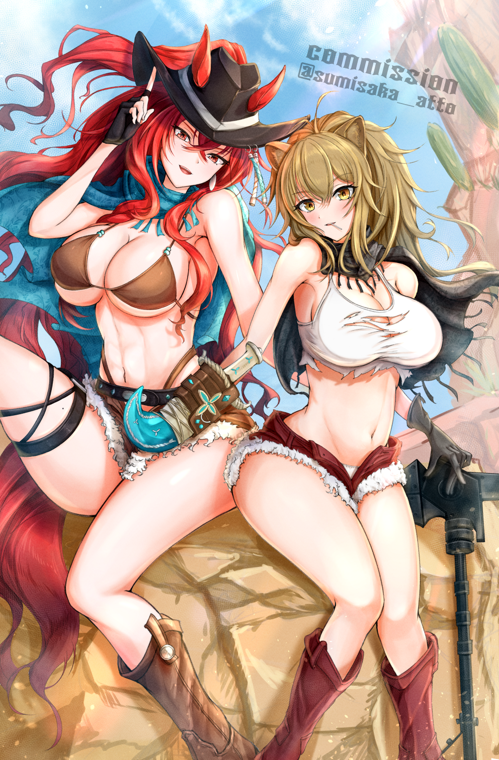 2girls, animal_ears, arknights, arm_up, bikini, black_gloves, blonde_hair, boots