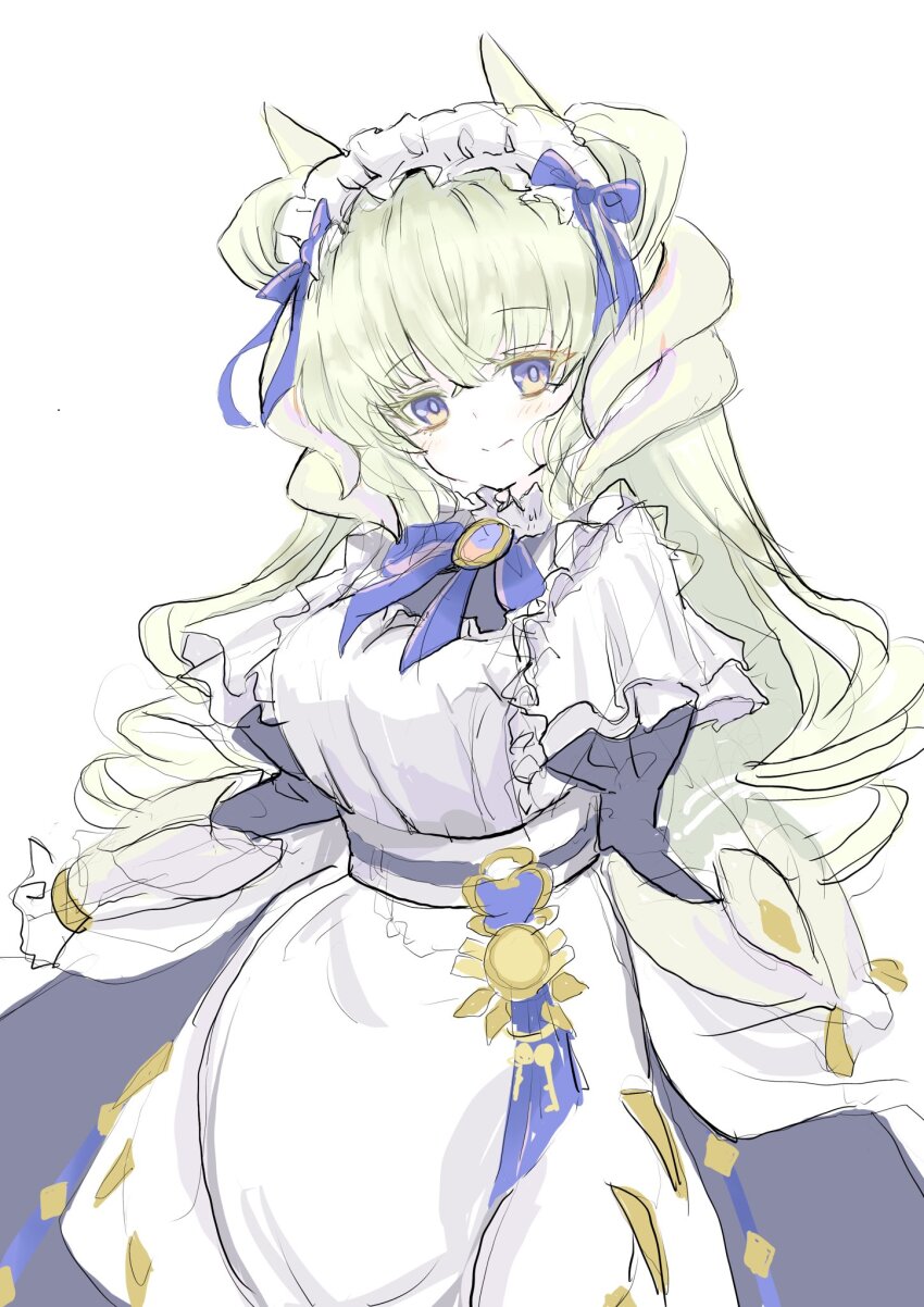 apron, blonde_hair, blush, breasts, charm_(object), closed_mouth, dress, duel_monster