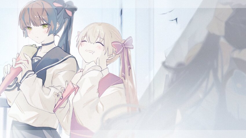 2girls, black_sailor_collar, black_skirt, collarbone, crepe, eating, expressionless, food