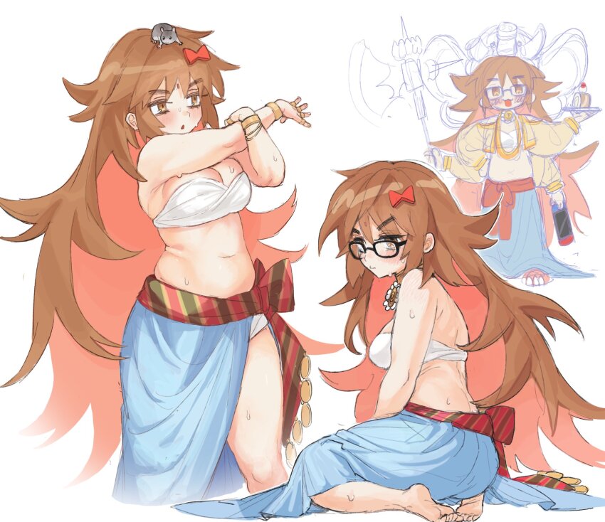 1girl, asian_indian_clothes, axe, baggy_pants, bandeau, barefoot, blue_pants, blush