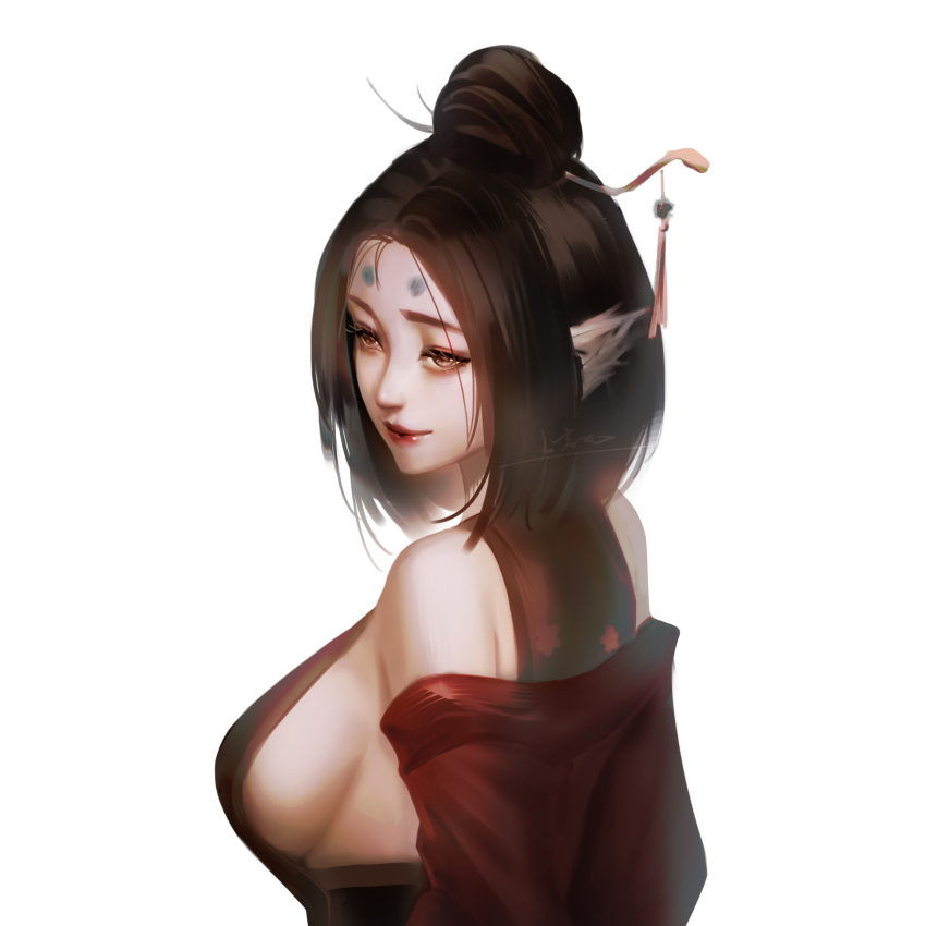 1girl, absurdres, animal_ears, bare_shoulders, black_hair, black_myth:_wukong, breasts, brown_eyes