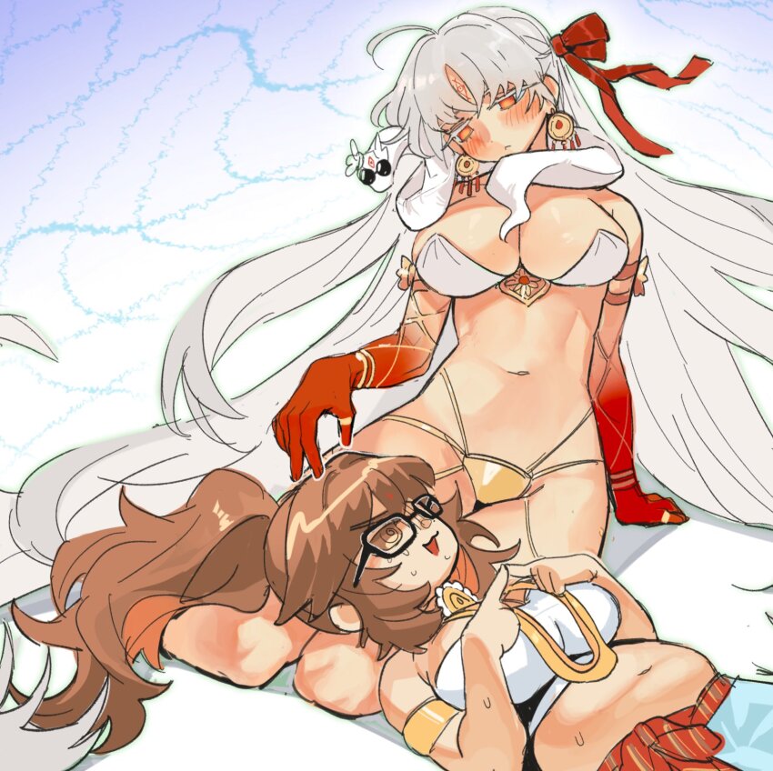 2girls, armlet, asian_indian_clothes, bandeau, bare_shoulders, bikini, blue_pants, blush