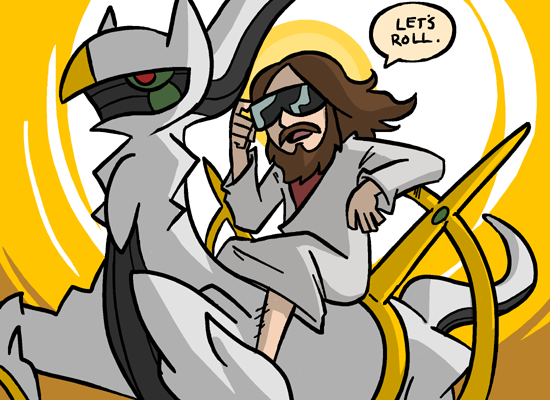 00s, 1boy, adjusting_eyewear, arceus, beard, brown_hair, crossover, english_text
