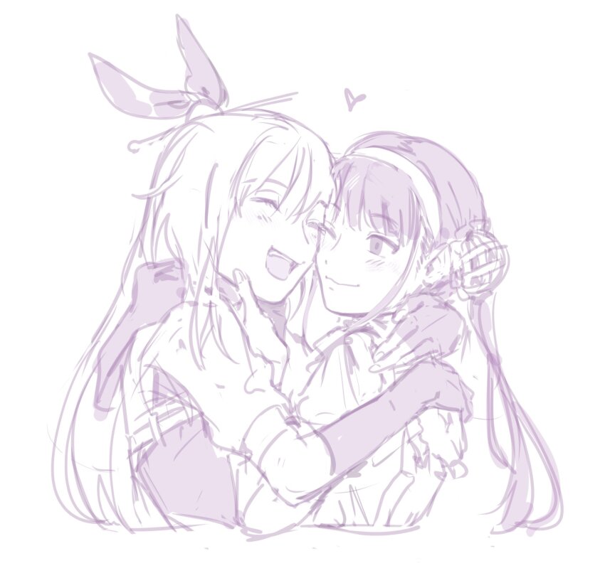 2girls, black_gloves, bow, breasts, bun_cover, flockoflove, gloves, hair_bow, hair_bun, hair_ornament, heaven_burns_red, highres, hug, kanzaki_adelheid, monochrome, multiple_girls, ponytail, ribbon, satsuki_mari, yuri