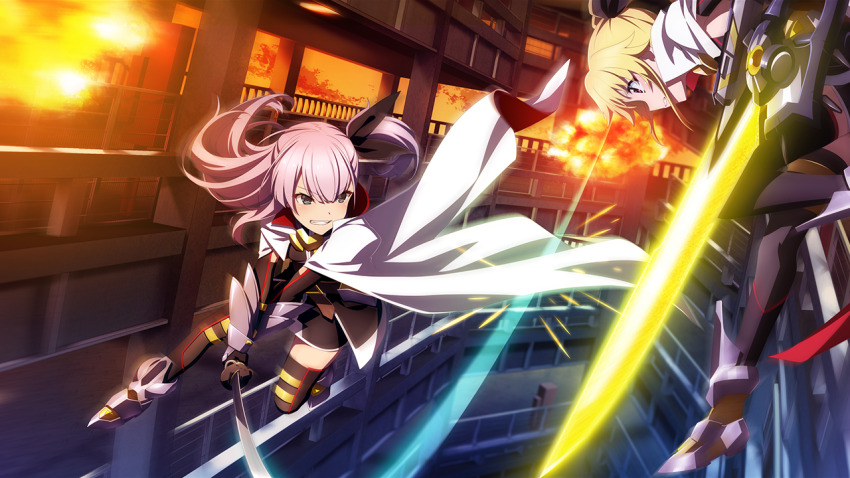 2girls, armored_boots, black_dress, black_thighhighs, blonde_hair, blue_eyes, boots, cape