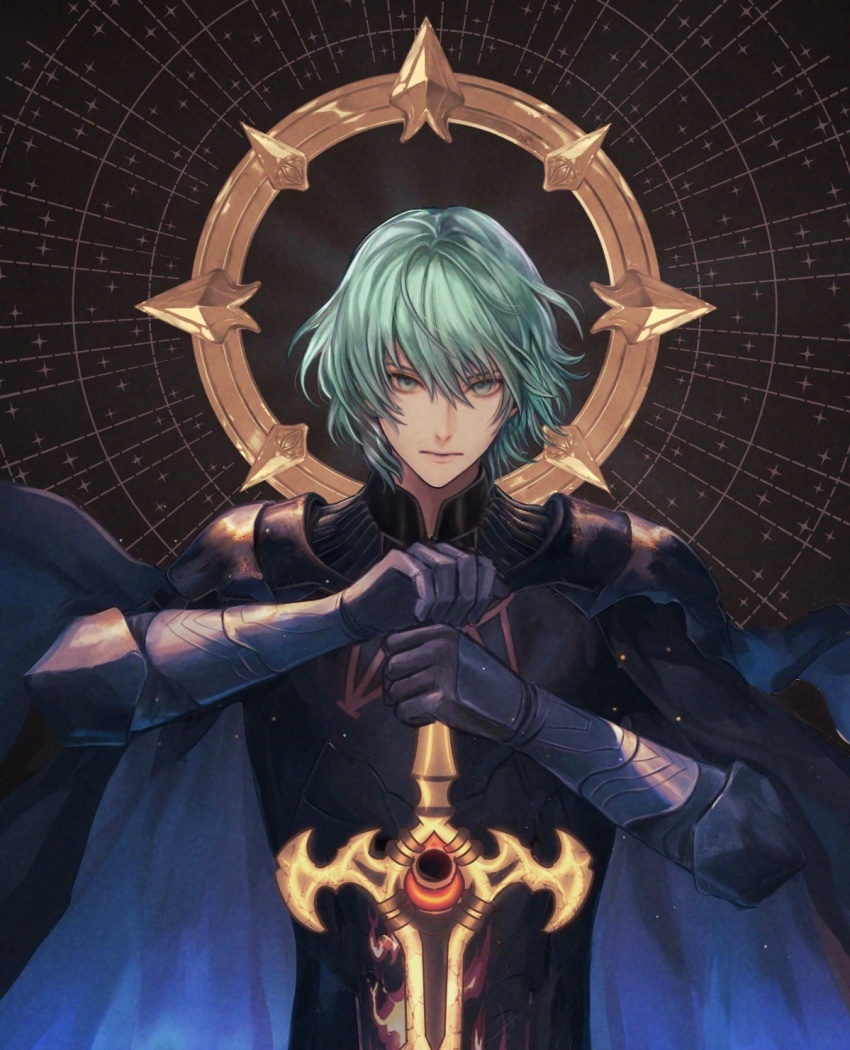 1boy, armor, armored_gloves, arms_up, black_armor, black_cape, black_gloves, black_shirt