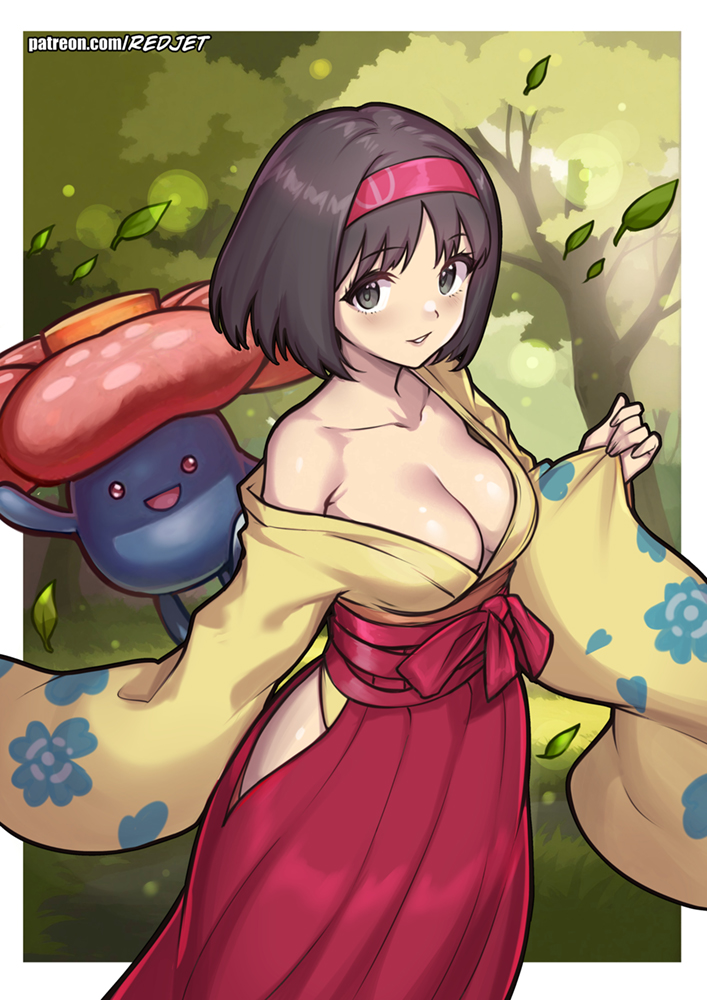 1girl, breasts, brown_hair, clothing_cutout, erika_(pokemon), gen_1_pokemon, grey_eyes, hairband
