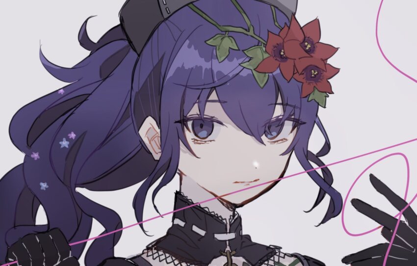 1girl, asahina_mafuyu, black_dress, black_gloves, blue_eyes, closed_mouth, dress, empty_eyes, expressionless, flower, gloves, grey_background, hair_flower, hair_ornament, hat, highres, long_hair, looking_at_viewer, maigo_no_te_wo_hiku_sono_saki_wa_(project_sekai), mamiichi, official_alternate_costume, project_sekai, purple_eyes, purple_hair, red_flower, simple_background, solo