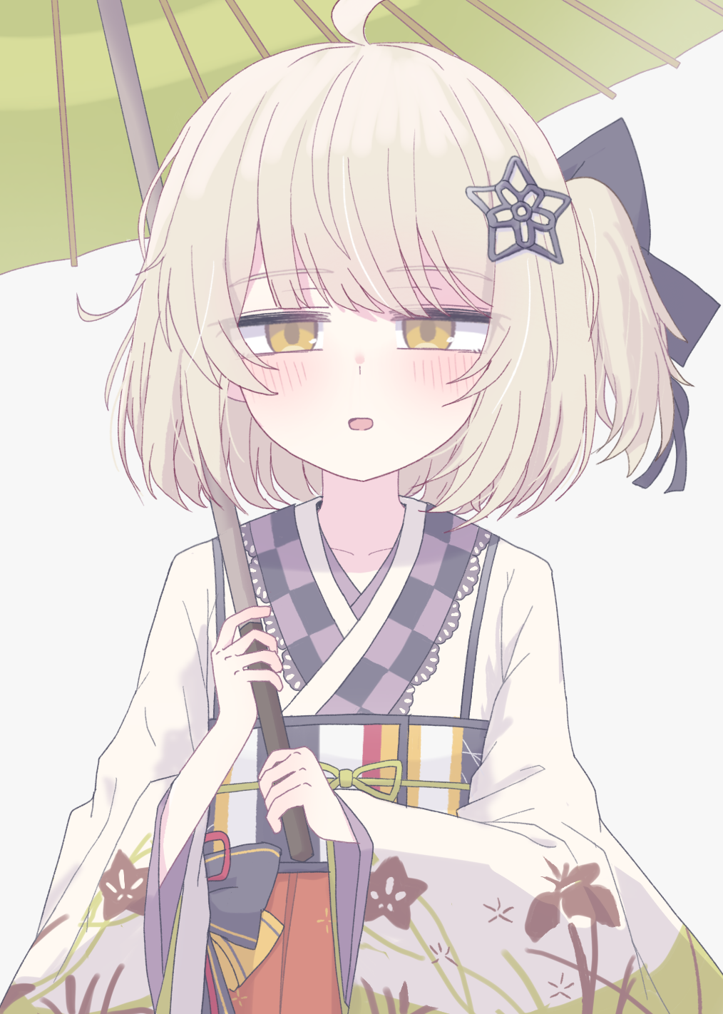 1girl, ahoge, arknights, blonde_hair, blush, commentary, english_commentary, grey_background