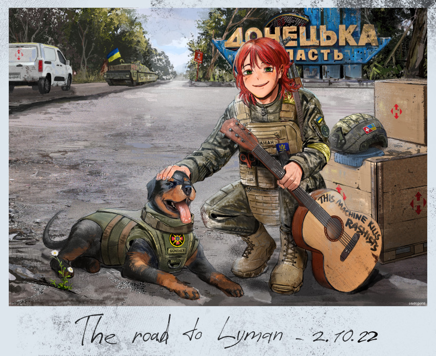 1boy, absurdres, acoustic_guitar, akm, androgynous, assault_rifle, boots, box