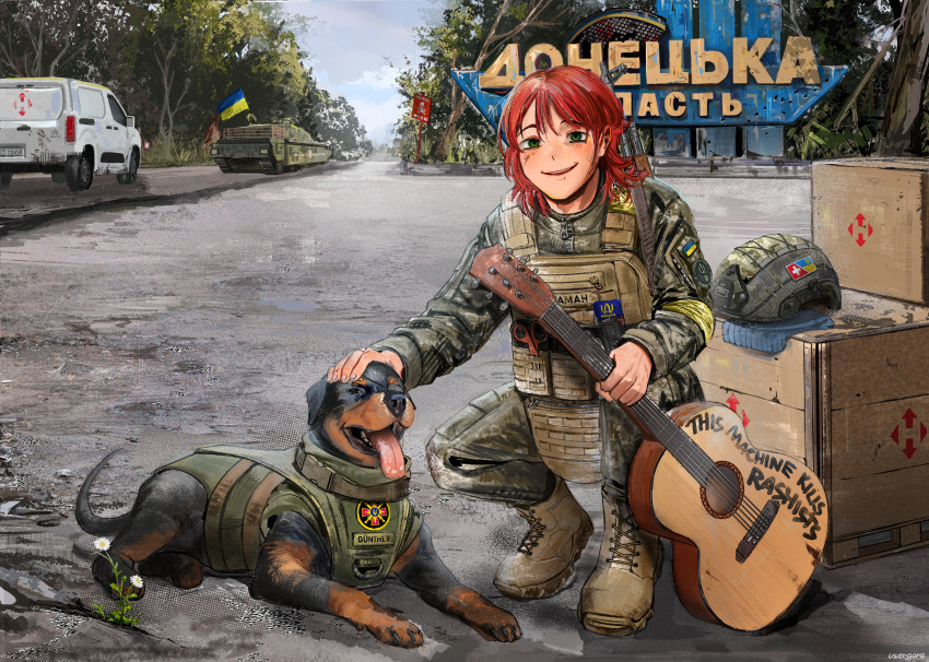 1boy, absurdres, acoustic_guitar, akm, androgynous, assault_rifle, boots, box