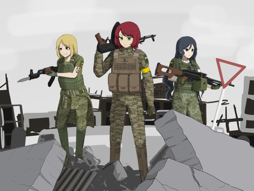 1boy, 2girls, absurdres, ak-47, akm, akms, ammunition_pouch, androgynous, arm_tattoo, armband, assault_rifle, azov_battalion, bayonet, black_cat03, blonde_hair, brown_eyes, building, bulletproof_vest, commentary, commission, commissioner_upload, cyrillic, debris, english_commentary, expressionless, frown, grin, gun, highres, holding, holding_gun, holding_radio, holding_weapon, international_legion_of_ukraine, jacket, kalashnikov_rifle, kenneth_del_duca, kraken_(japanon), kraken_regiment, long_hair, machine_gun, marichka, military, military_combat_uniform, military_uniform, multiple_girls, nazi, non-web_source, original, pkm, pouch, radio_antenna, red_hair, rifle, road_sign, ruins, russo-ukrainian_war, short_hair, sign, smile, swiss_flag, tattoo, trap, tryzub, ukrainian_flag, ukrainian_ground_forces, walkie-talkie, war, weapon, yellow_armband