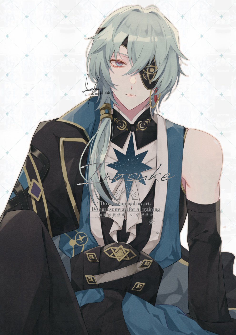 1boy, anaxa_(honkai:_star_rail), armpits, bare_shoulders, bishounen, blue_eyes, cowboy_shot, earrings