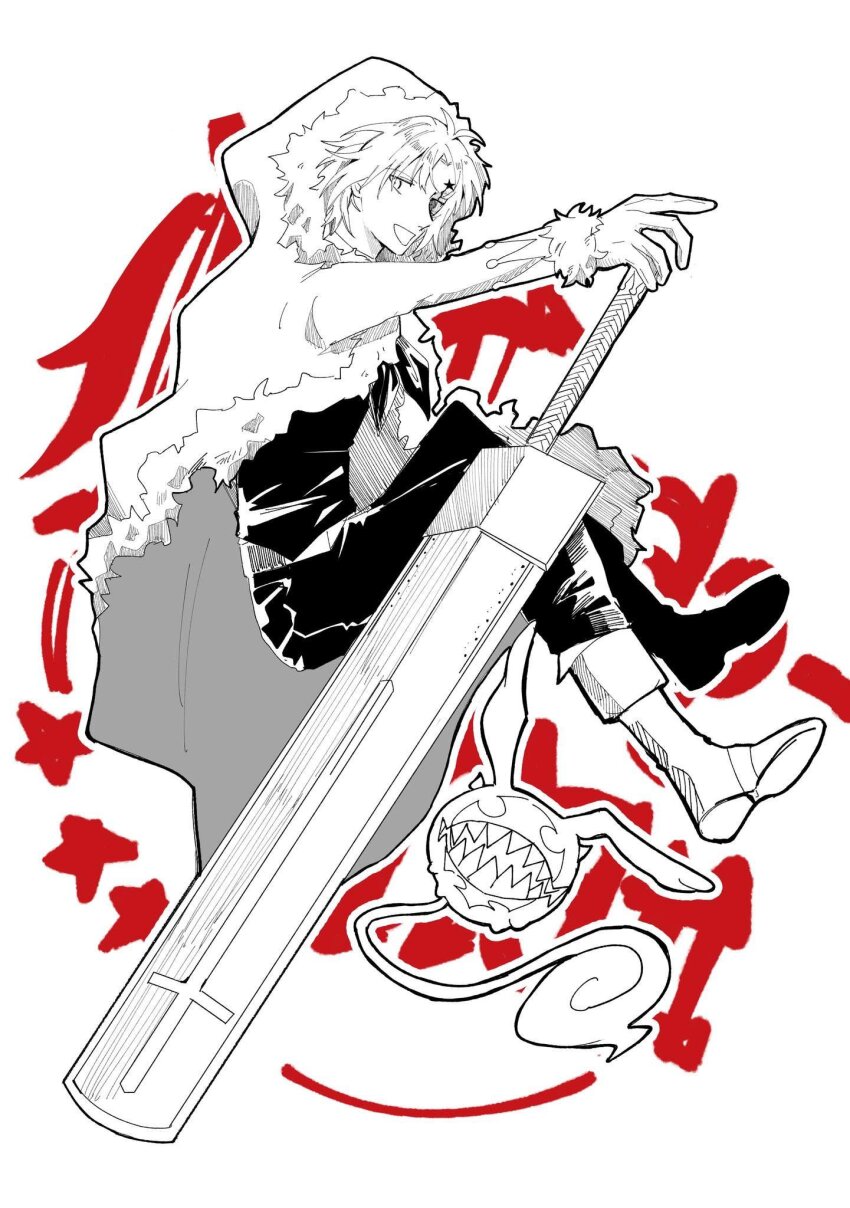 1boy, allen_walker, black_coat, black_pants, boots, cloak, coat, creature