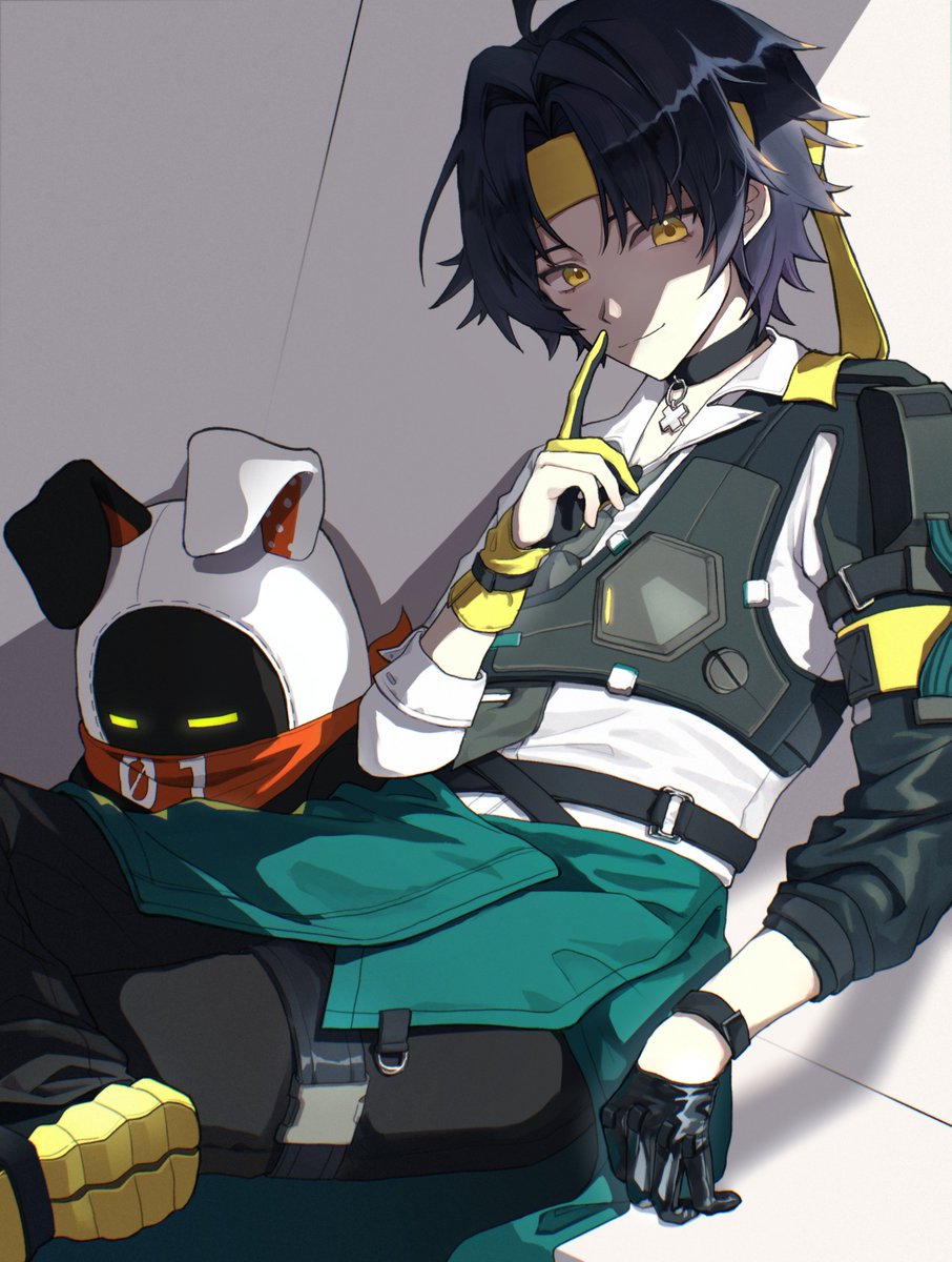 1boy, asaba_harumasa, bandana, bangboo_(zenless_zone_zero), bishounen, black_choker, black_gloves, black_hair