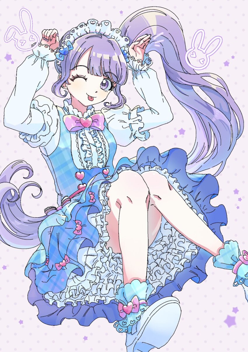 1girl, ;p, blue_bow, blue_dress, blunt_bangs, bow, center_frills, dress, frilled_dress, frills, hands_up, highres, idol_clothes, knees_up, ku_(kuooss), lolita_fashion, long_hair, looking_at_viewer, maid_headdress, manaka_non, one_eye_closed, petticoat, pink_bow, pretty_series, pripara, purple_background, purple_eyes, purple_hair, rabbit_pose, shirt, shoe_soles, shoes, side_ponytail, sitting, smile, solo, sweet_lolita, tongue, tongue_out, very_long_hair, white_shirt