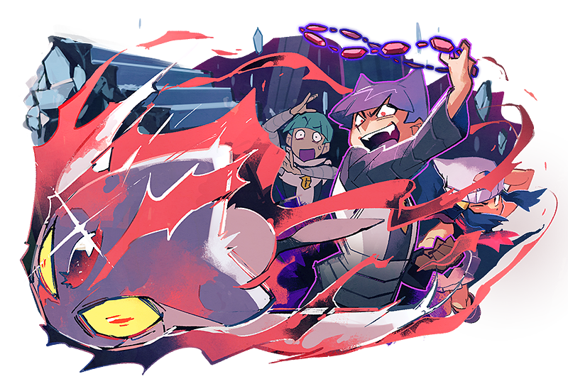 1girl, 2boys, aqua_hair, aura, azelf, beanie, blue_hair, blunt_bangs