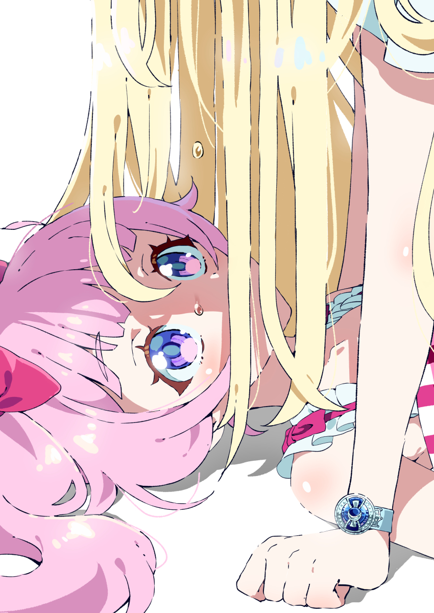 2girls, absurdres, aozora_himari, arm_support, blonde_hair, blunt_bangs, bracelet, crying