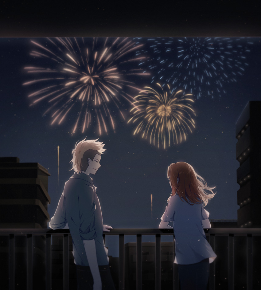 2boys, ace_attorney, ace_attorney_investigations, ace_attorney_investigations_2:_prosecutor's_gambit, balcony, blonde_hair, closed_eyes, fireworks