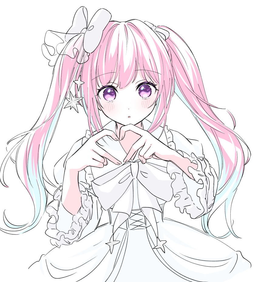 1girl, four-finger_heart_hands, :o, absurdres, blue_hair, borrowed_character, bow, bowtie