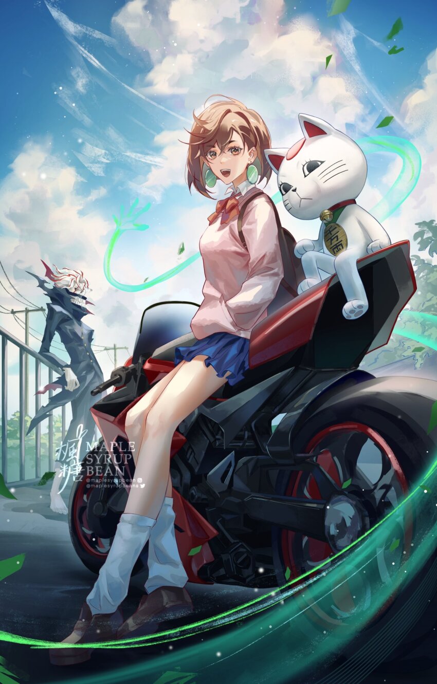 1boy, 1girl, alternate_form, ayase_momo, backpack, bag, barefoot, bell, black_jacket, black_pants, blue_skirt, blue_sky, bow, bowtie, brown_eyes, brown_hair, cat, cloud, cloudy_sky, collared_shirt, dandadan, dress_shirt, earrings, facial_mark, falling_leaves, full_body, gakuran, glasses, hair_between_eyes, hand_in_pocket, hashtag-only_commentary, highres, jacket, jewelry, leaf, looking_at_viewer, loose_socks, maplesyrupbeans, mask, miniskirt, motor_vehicle, motorcycle, mouth_mask, neck_bell, open_mouth, pants, pink_sweater, pleated_skirt, red_bow, red_bowtie, round_eyewear, school_uniform, shirt, shoes, short_hair, sitting, skirt, sky, socks, standing, sweater, takakura_ken_(dandadan), takakura_ken_(transformed)_(dandadan), transformation, turbo_granny_(dandadan), white_hair, white_shirt, white_socks, wind