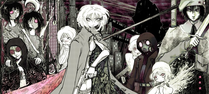 2others, 3boys, 4girls, absurdres, ammunition, angel, bandaid, bandaid_on_face